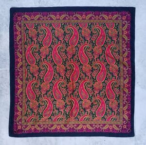 Vintage Paisley Silk Scarf Black Red Green Yellow 30” Square Neckerchief